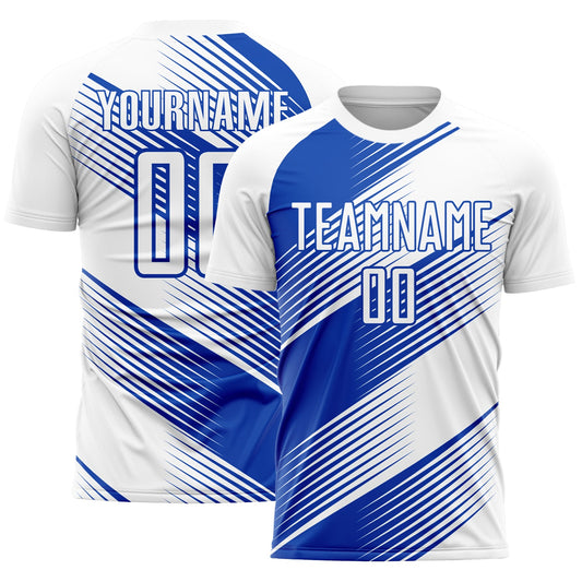 Custom White Thunder Blue Line Sublimation Soccer Uniform Jersey - Main View