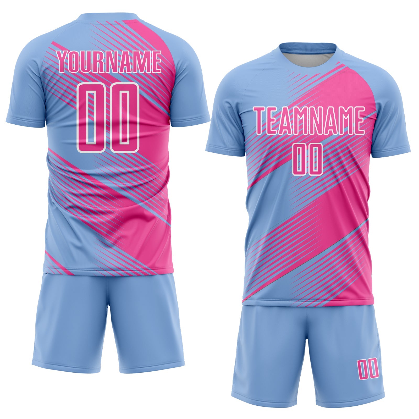 Custom Light Blue Pink-White Line Sublimation Soccer Uniform Jersey view 2