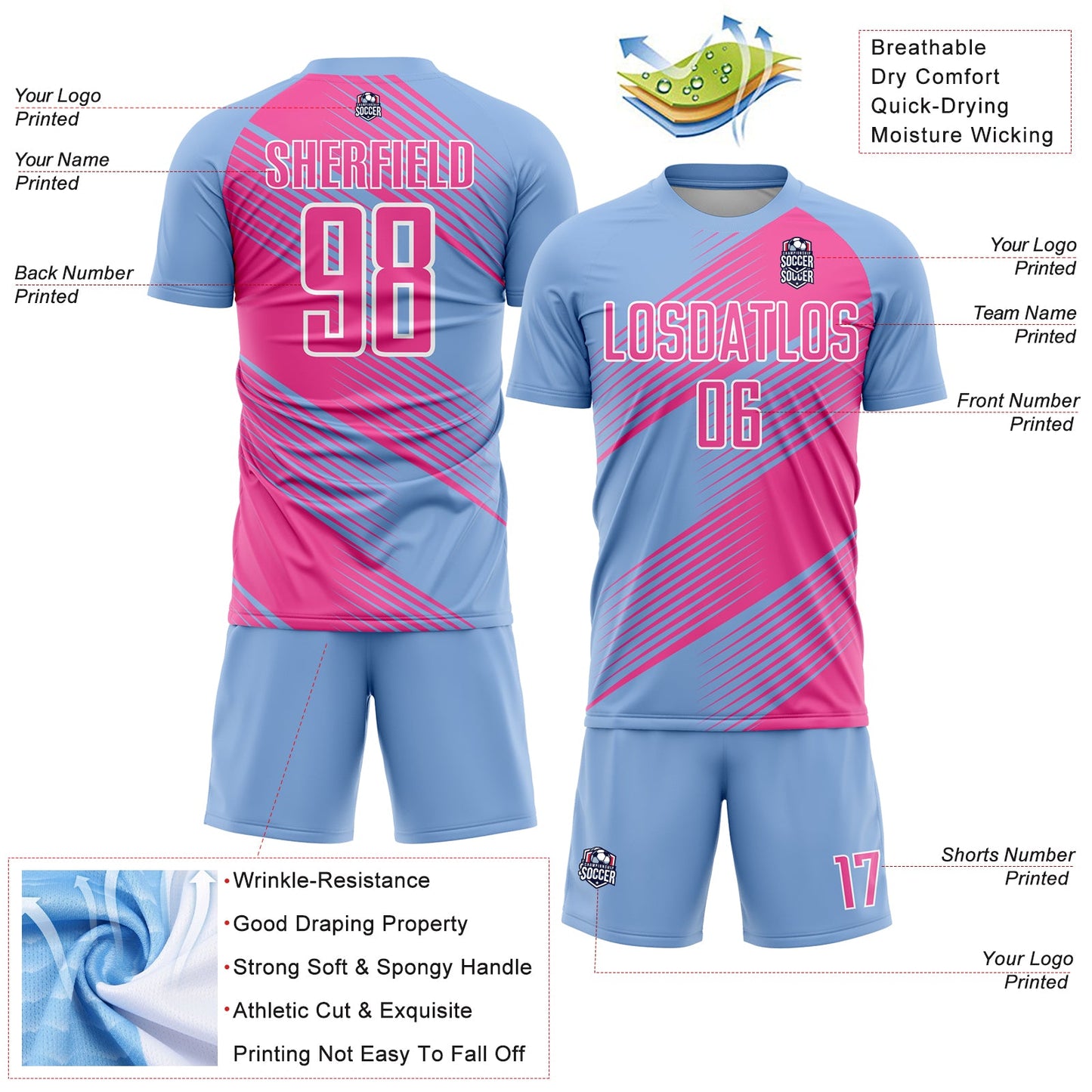 Custom Light Blue Pink-White Line Sublimation Soccer Uniform Jersey view 4