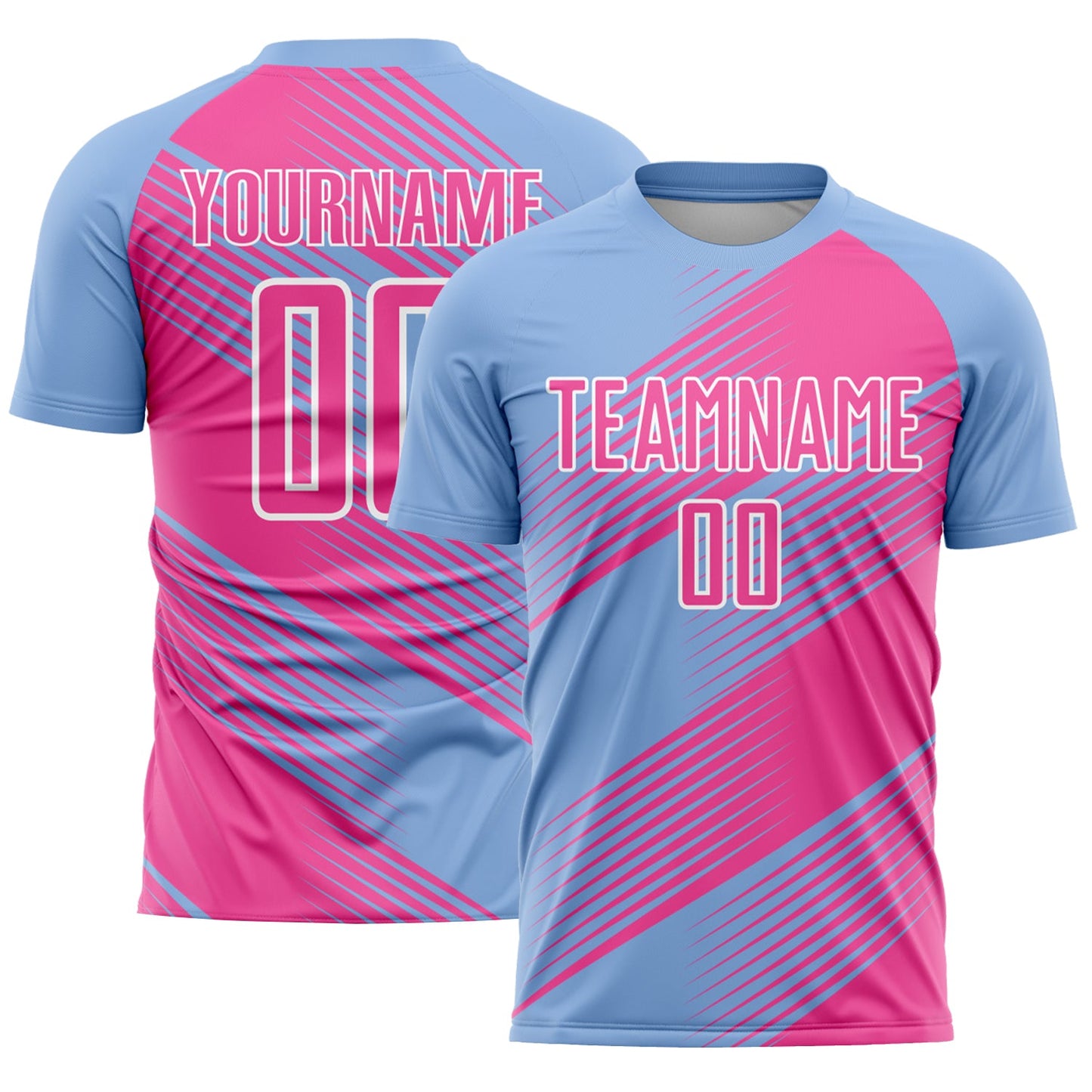 Custom Light Blue Pink-White Line Sublimation Soccer Uniform Jersey - Main View