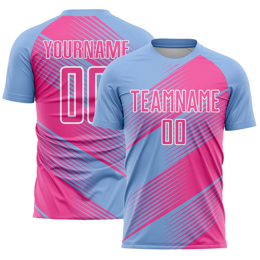 Custom Light Blue Pink-White Line Sublimation Soccer Uniform Jersey - Main View