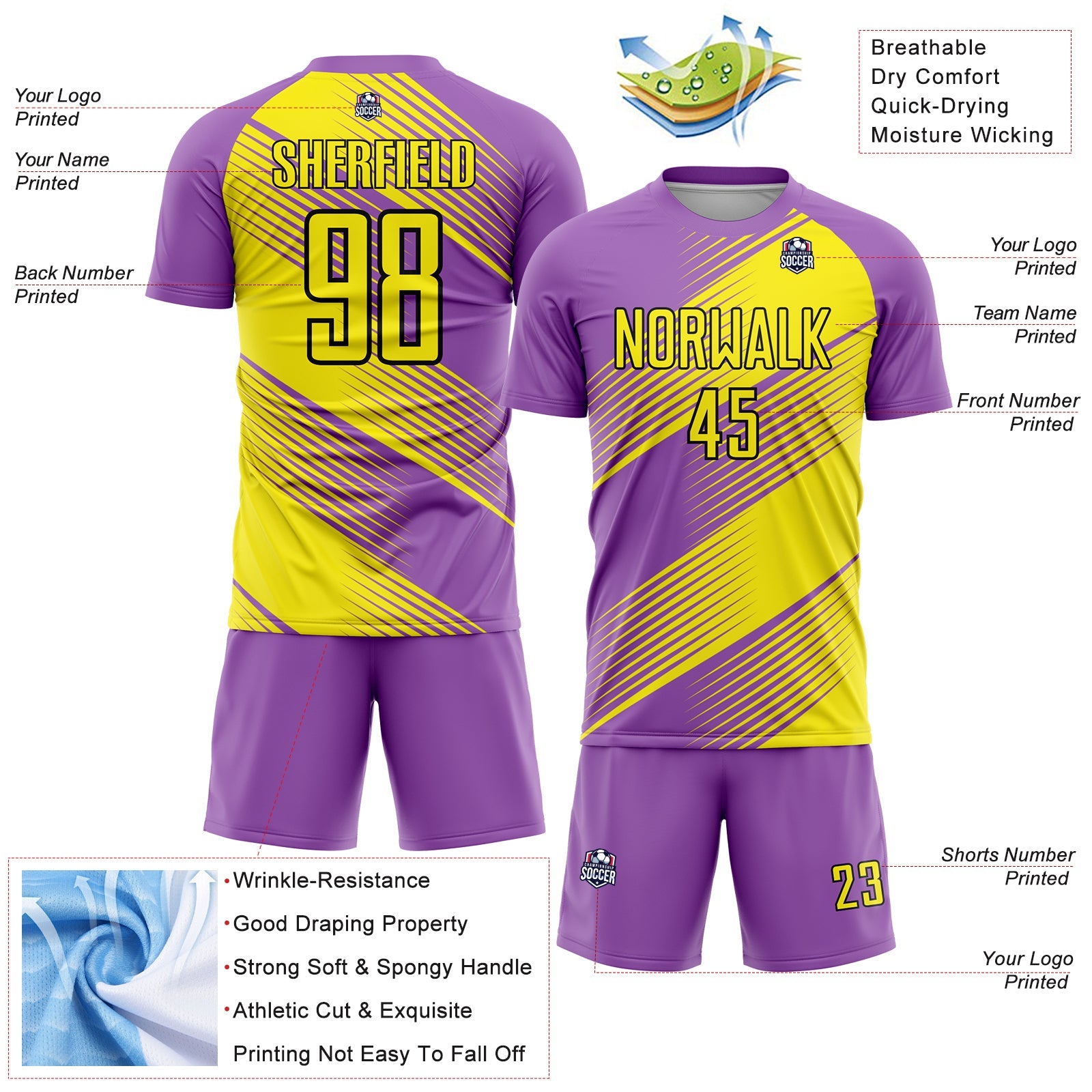 Custom Medium Purple Light Yellow-Black Line Sublimation Soccer Uniform Jersey view 4