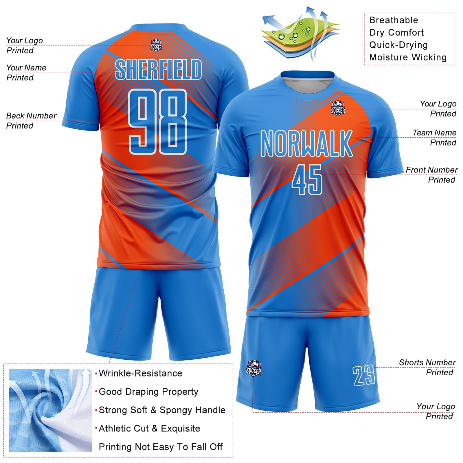 Custom Powder Blue Orange-White Line Sublimation Soccer Uniform Jersey view 4