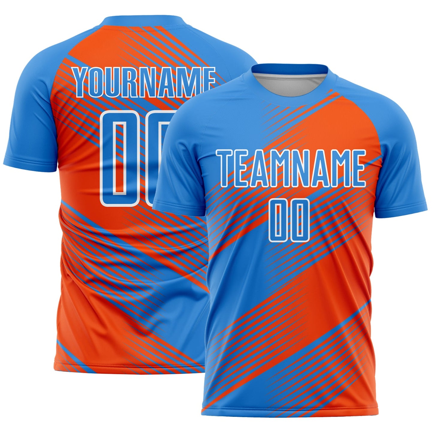 Custom Powder Blue Orange-White Line Sublimation Soccer Uniform Jersey - Main View