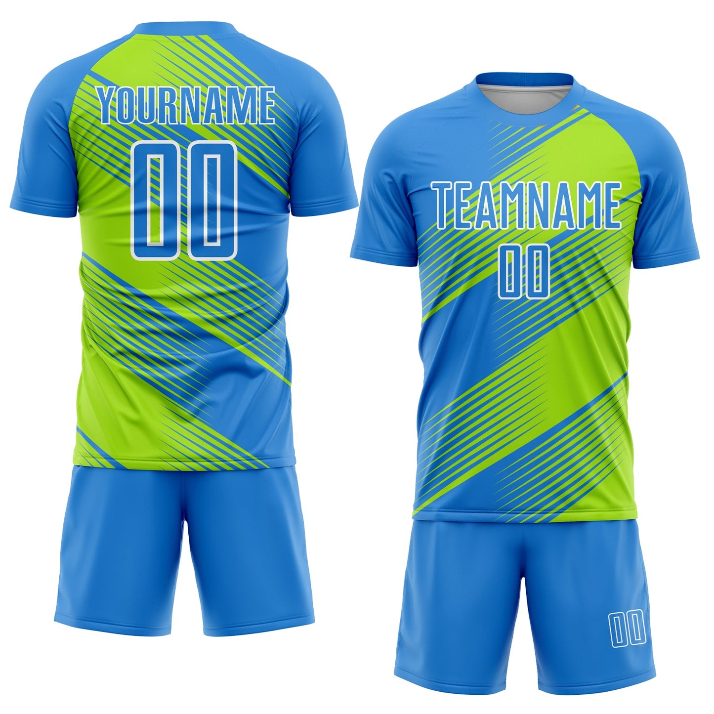 Custom Powder Blue Neon Green-White Line Sublimation Soccer Uniform Jersey view 2
