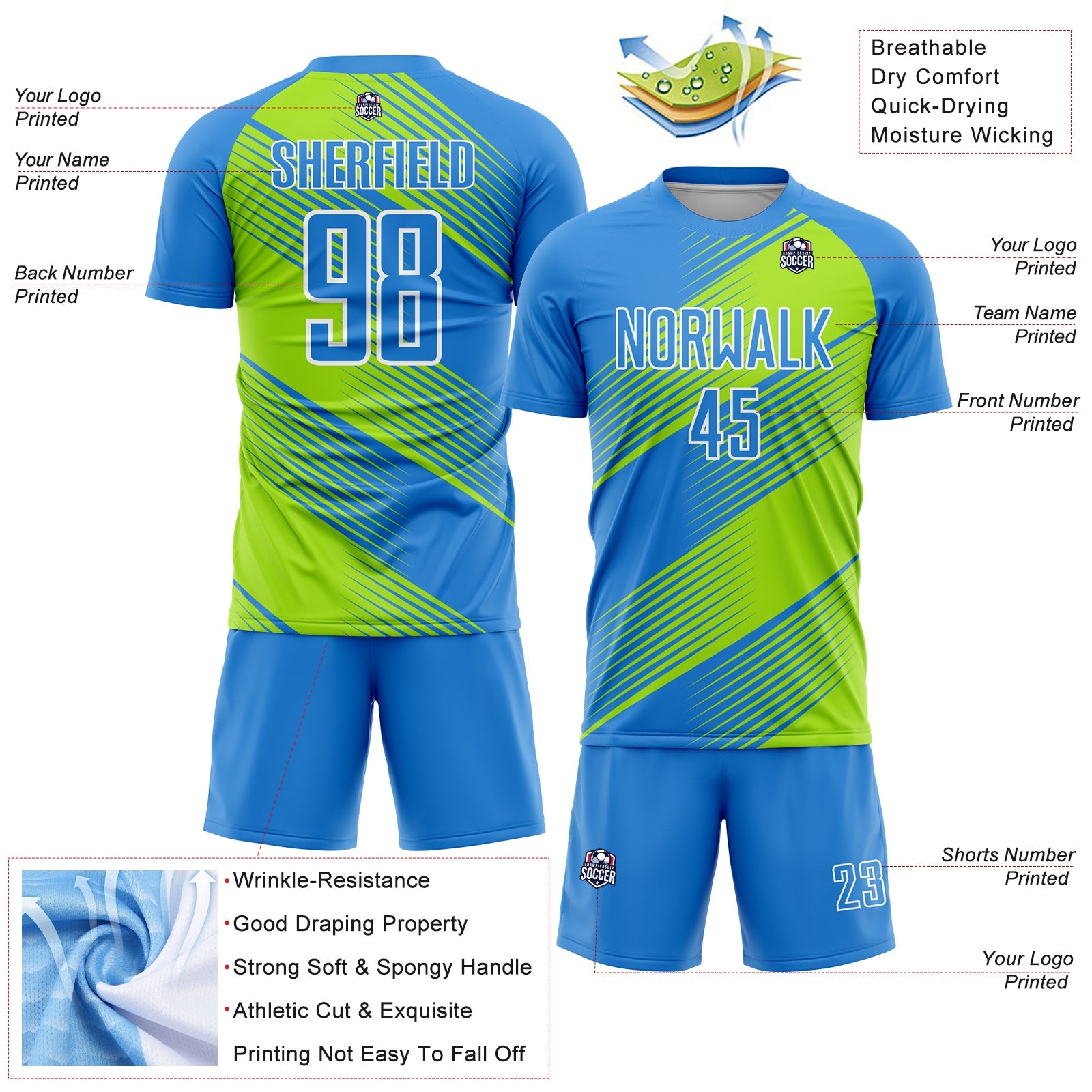Custom Powder Blue Neon Green-White Line Sublimation Soccer Uniform Jersey view 4