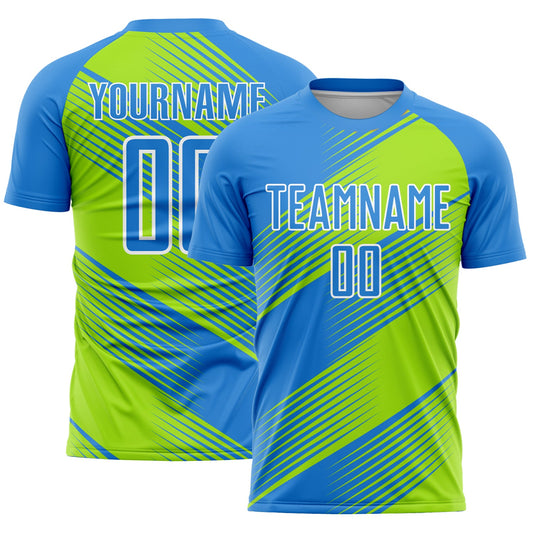 Custom Powder Blue Neon Green-White Line Sublimation Soccer Uniform Jersey - Main View