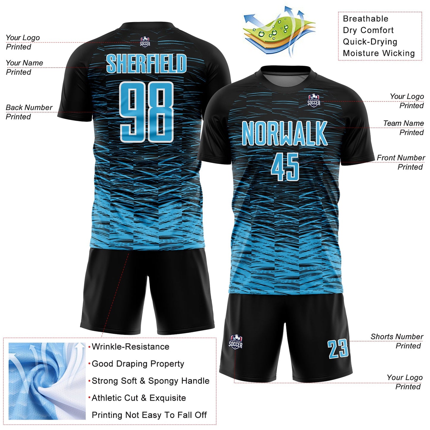 Custom Black Sky Blue-White Line Sublimation Soccer Uniform Jersey view 4