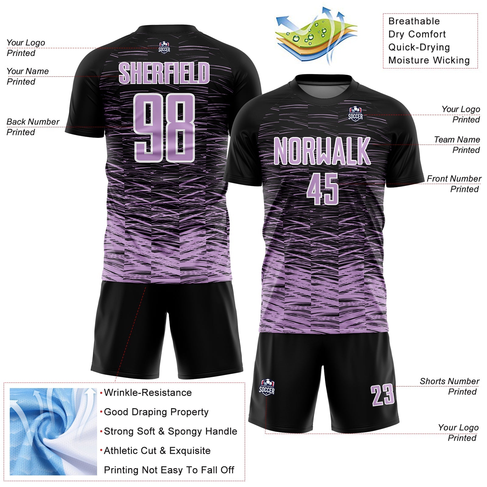 Custom Black Light Purple-White Line Sublimation Soccer Uniform Jersey view 4
