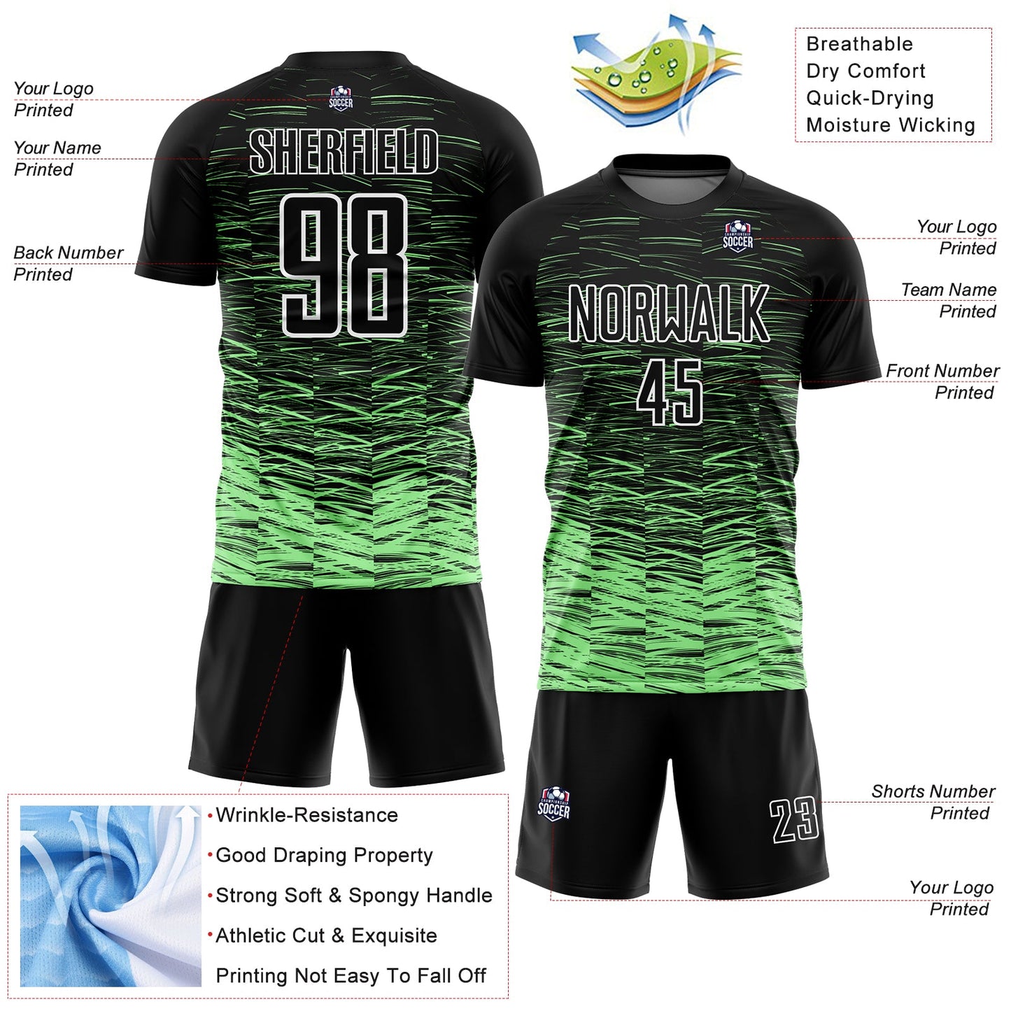 Custom Black Pea Green-White Line Sublimation Soccer Uniform Jersey view 4