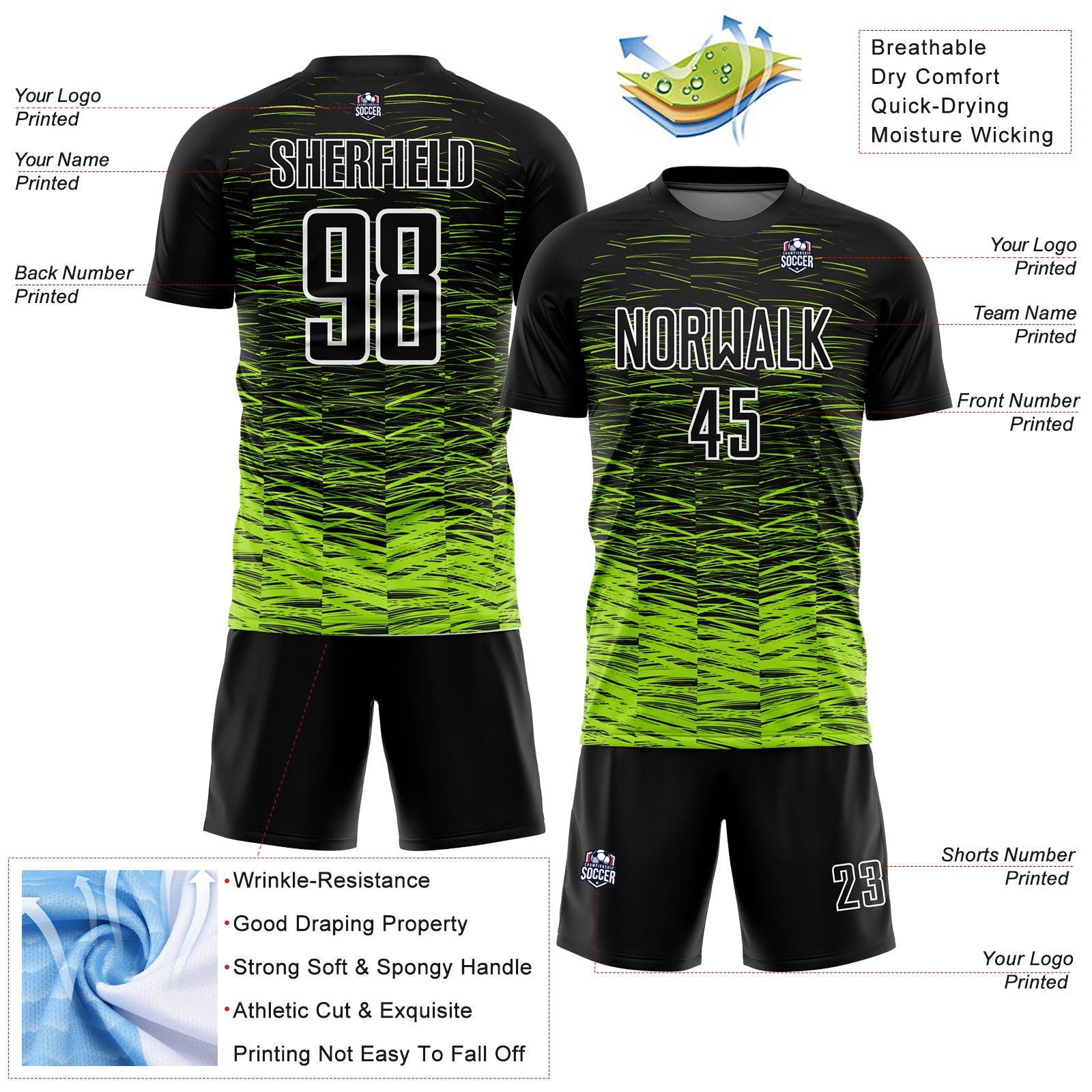 Custom Black Neon Green-White Line Sublimation Soccer Uniform Jersey view 4