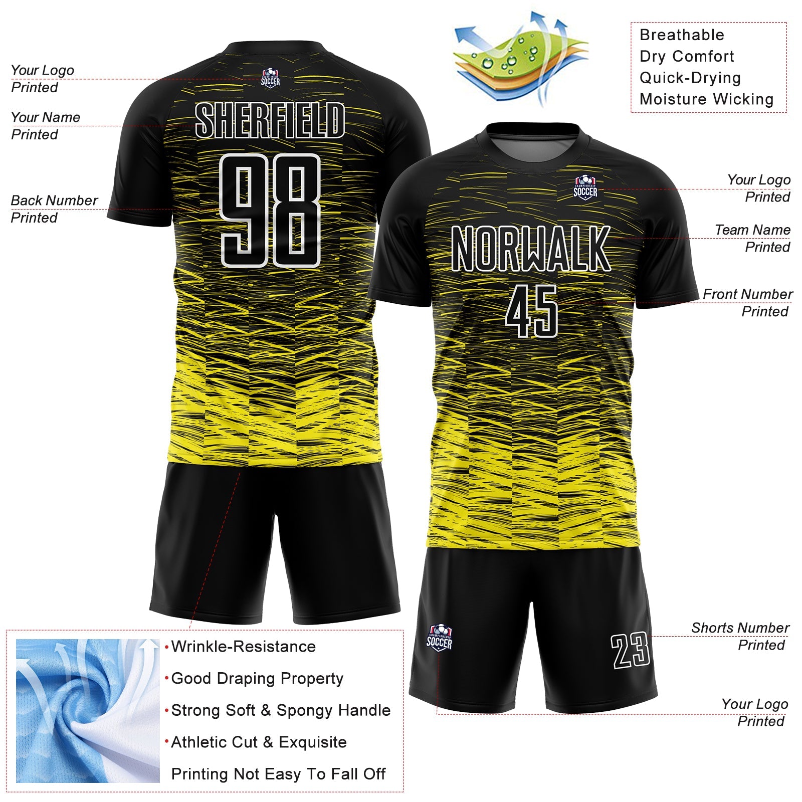 Custom Black Light Yellow-White Line Sublimation Soccer Uniform Jersey view 4