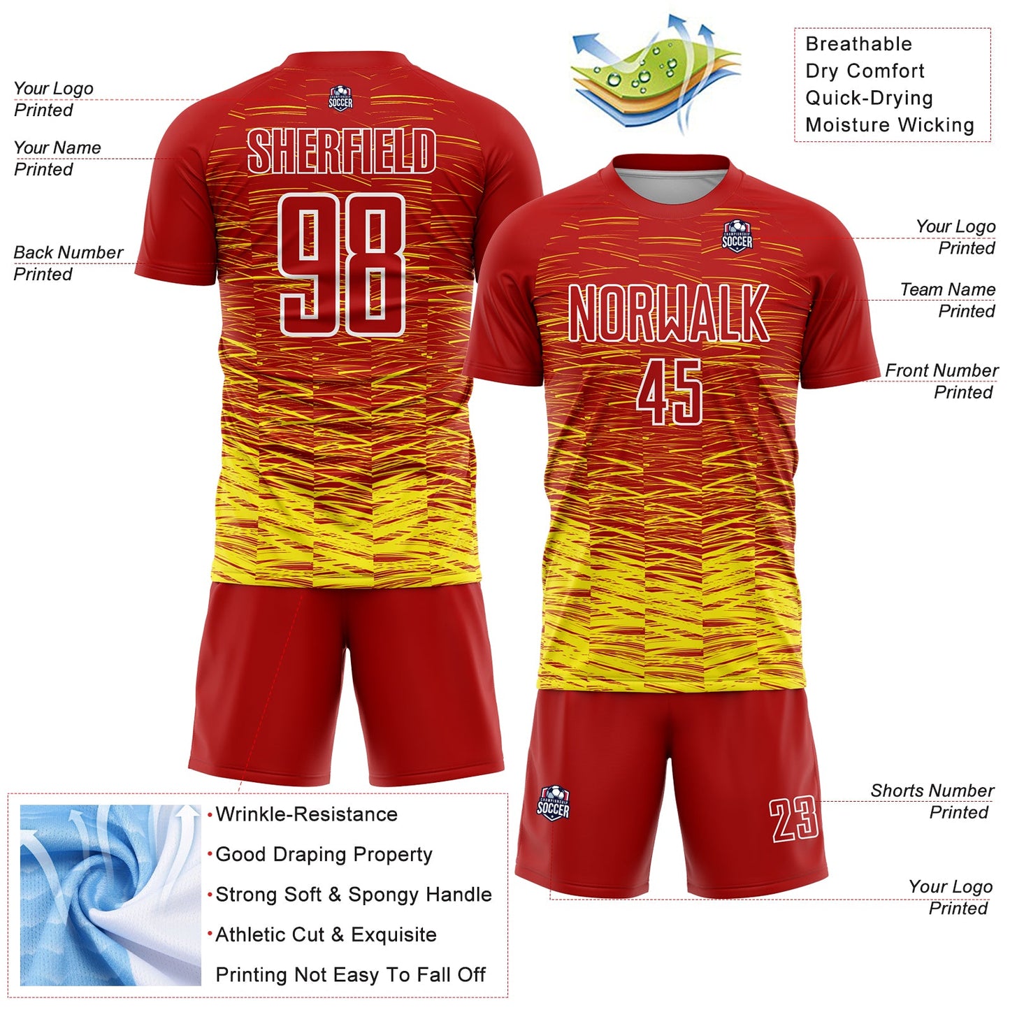 Custom Red Light Yellow-White Line Sublimation Soccer Uniform Jersey view 4