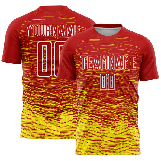 Custom Red Light Yellow-White Line Sublimation Soccer Uniform Jersey - Main View