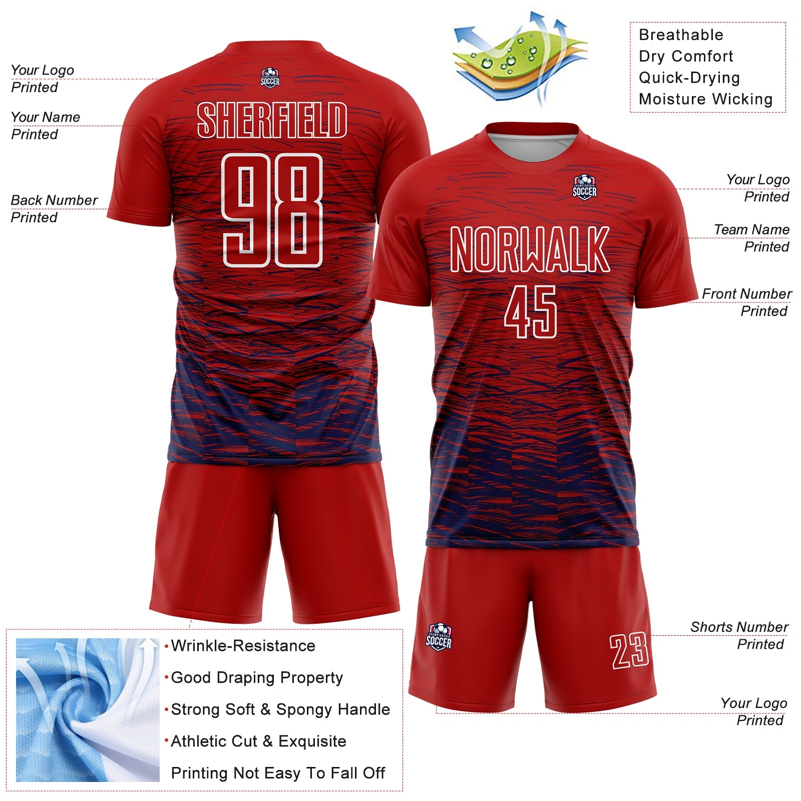 Custom Red Navy-White Line Sublimation Soccer Uniform Jersey view 4