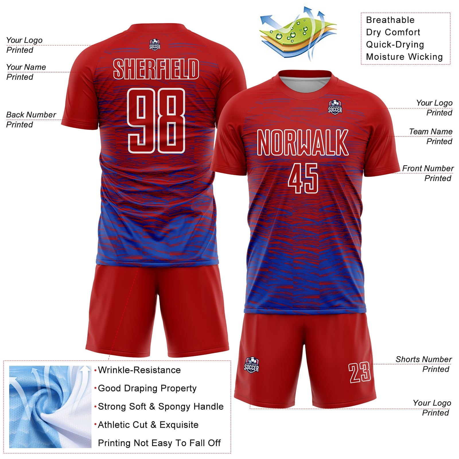 Custom Red Thunder Blue-White Line Sublimation Soccer Uniform Jersey view 4