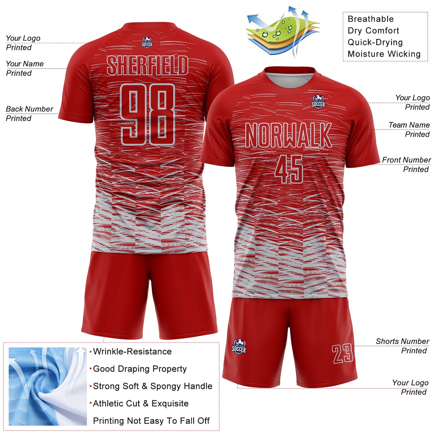 Custom Red Silver-White Line Sublimation Soccer Uniform Jersey view 4