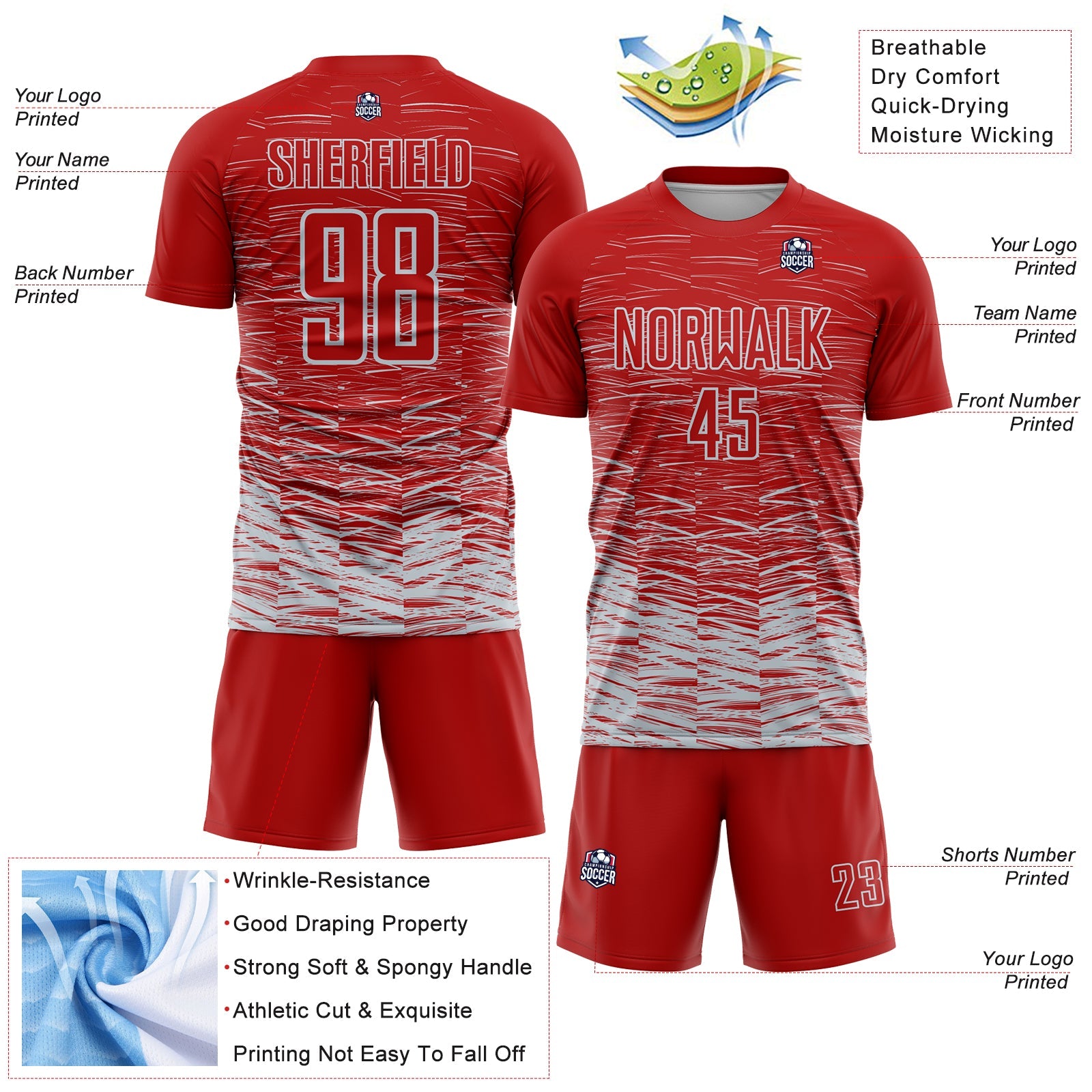 Custom Red Silver-White Line Sublimation Soccer Uniform Jersey view 4