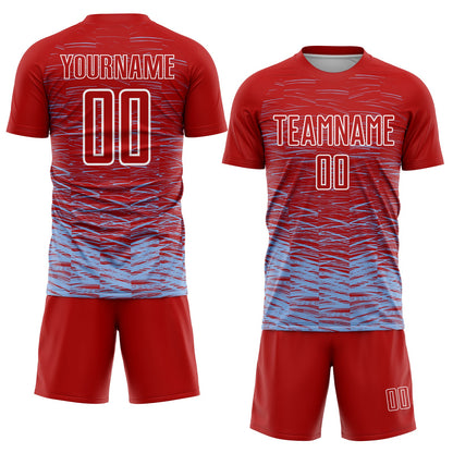 Custom Red Light Blue-White Line Sublimation Soccer Uniform Jersey view 2
