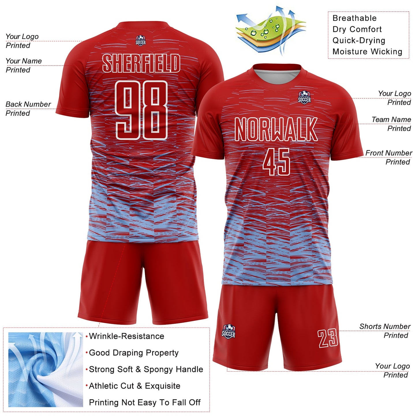 Custom Red Light Blue-White Line Sublimation Soccer Uniform Jersey view 4