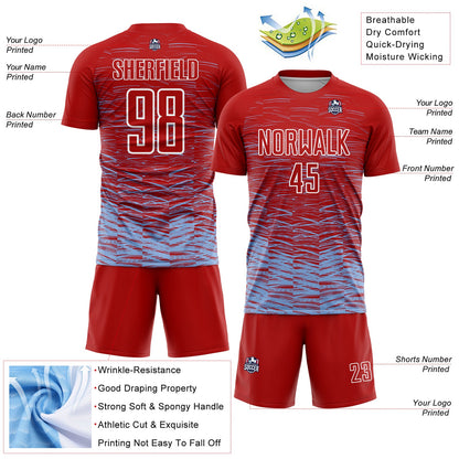 Custom Red Light Blue-White Line Sublimation Soccer Uniform Jersey view 4