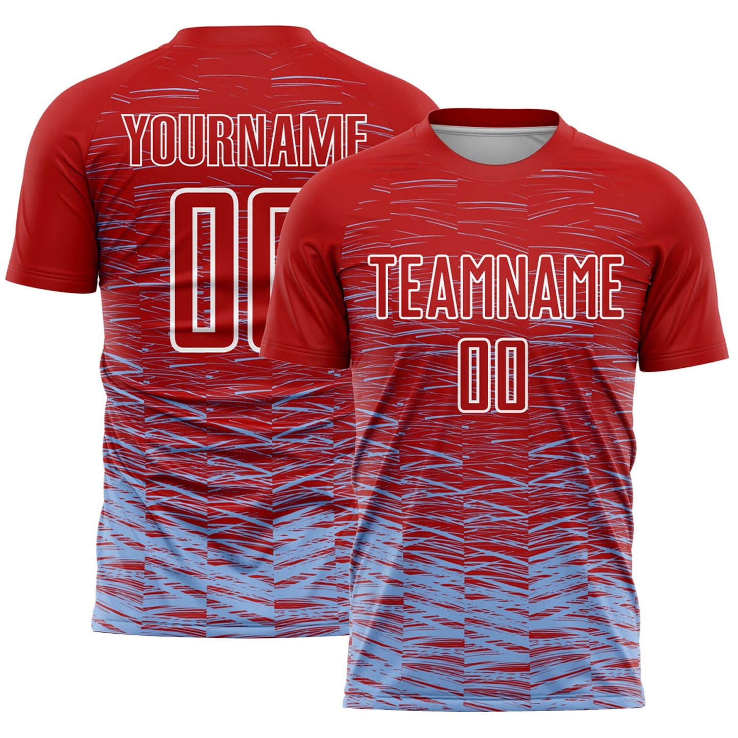 Custom Red Light Blue-White Line Sublimation Soccer Uniform Jersey - Main View