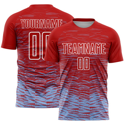 Custom Red Light Blue-White Line Sublimation Soccer Uniform Jersey - Main View