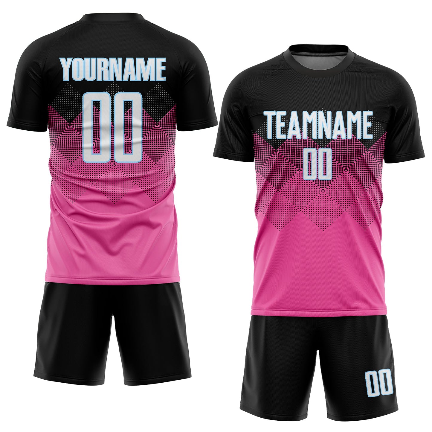 Custom Pink Black-LIght Blue Gradient Square Shape Sublimation Soccer Uniform Jersey view 2