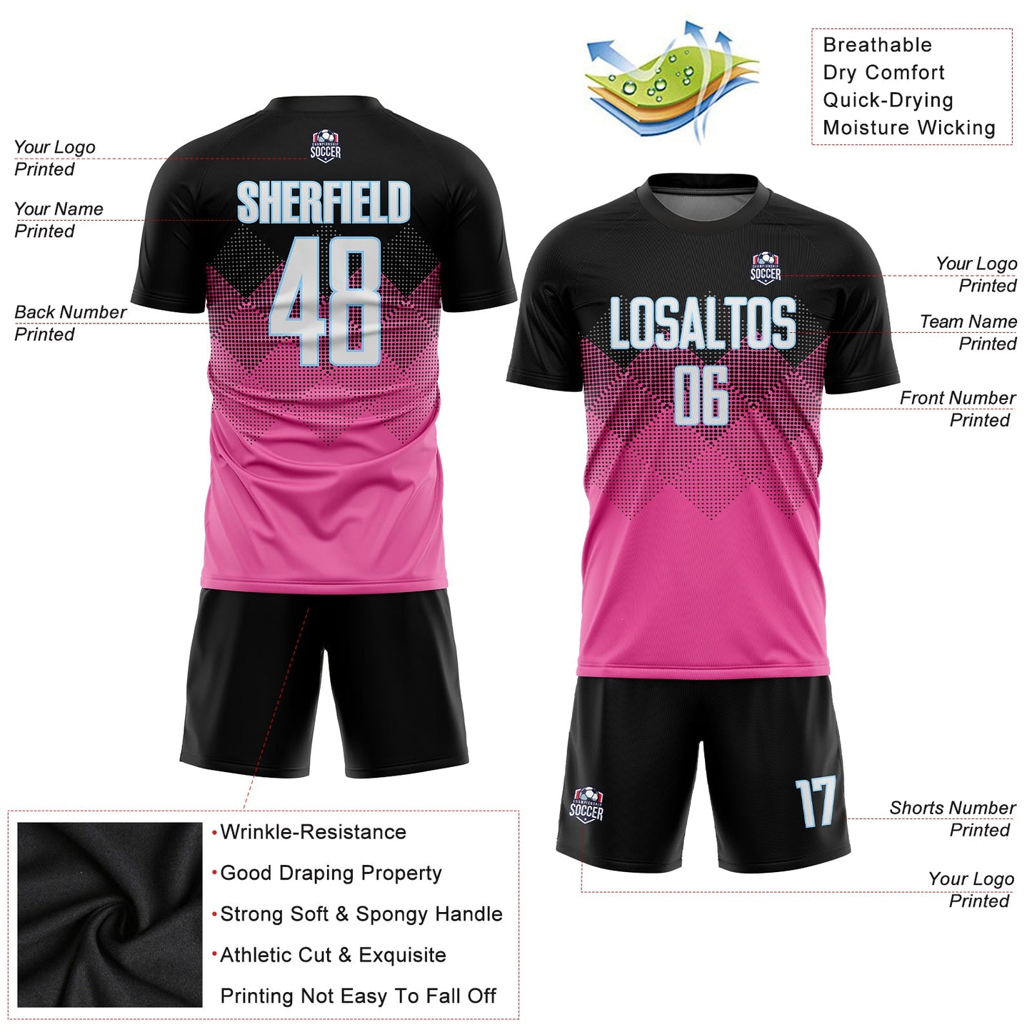 Custom Pink Black-LIght Blue Gradient Square Shape Sublimation Soccer Uniform Jersey view 5
