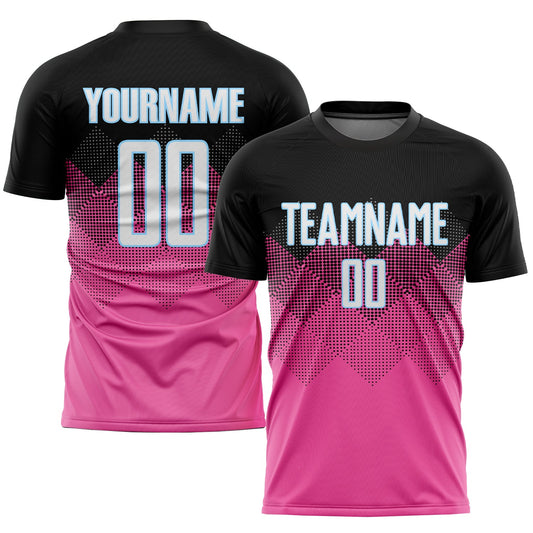 Custom Pink Black-LIght Blue Gradient Square Shape Sublimation Soccer Uniform Jersey - Main View