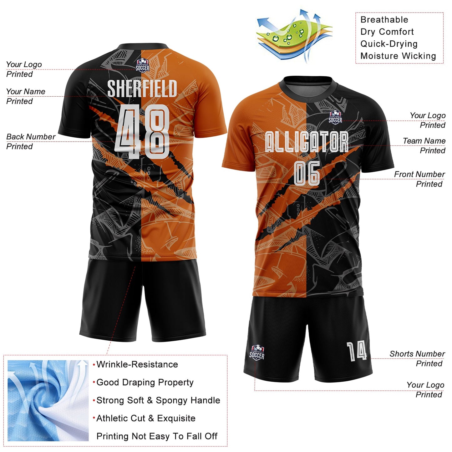 Custom Graffiti Pattern Black-Texas Orange Scratch Sublimation Soccer Uniform Jersey view 4