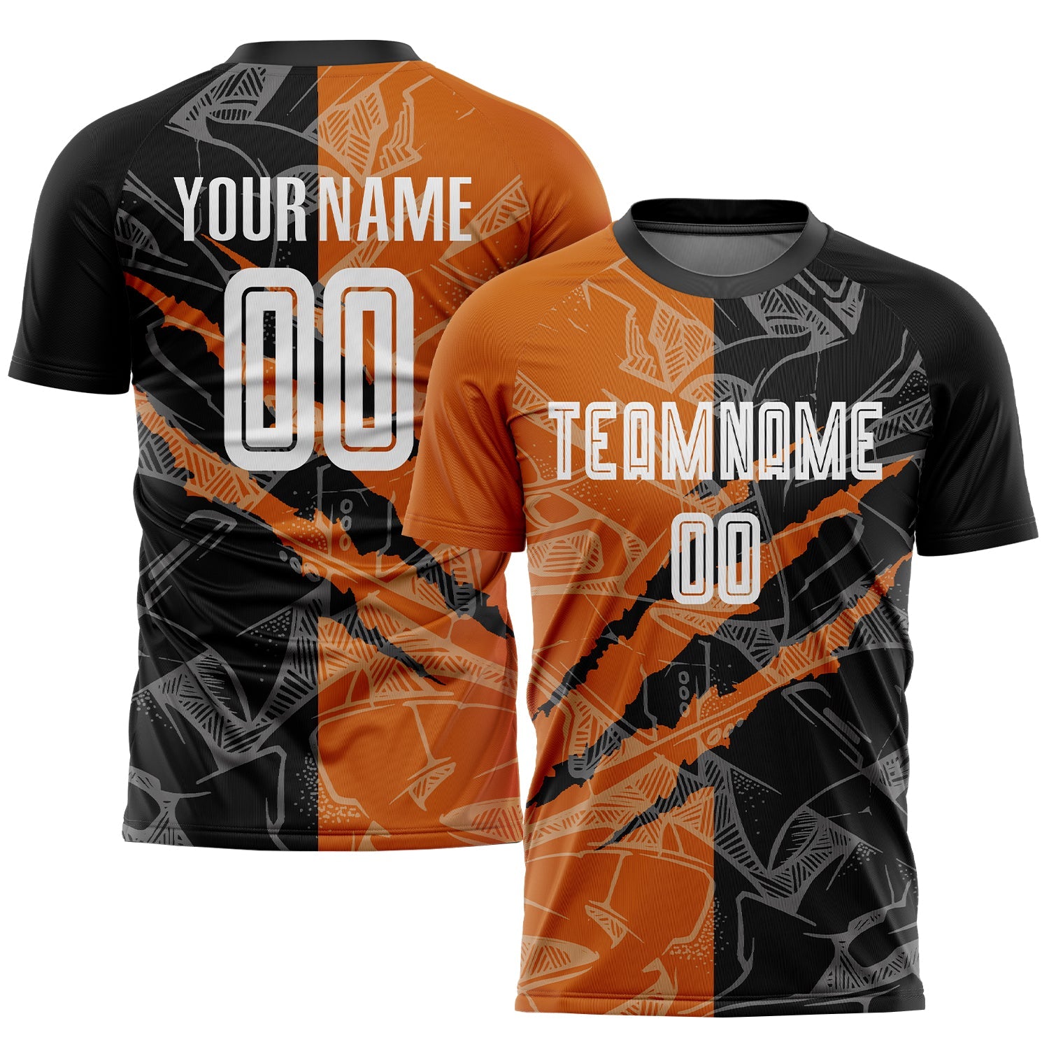 Custom Graffiti Pattern Black-Texas Orange Scratch Sublimation Soccer Uniform Jersey - Main View