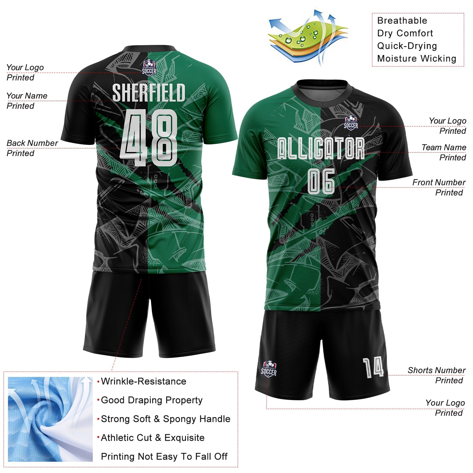 Custom Graffiti Pattern Black-Kelly Green Scratch Sublimation Soccer Uniform Jersey view 4