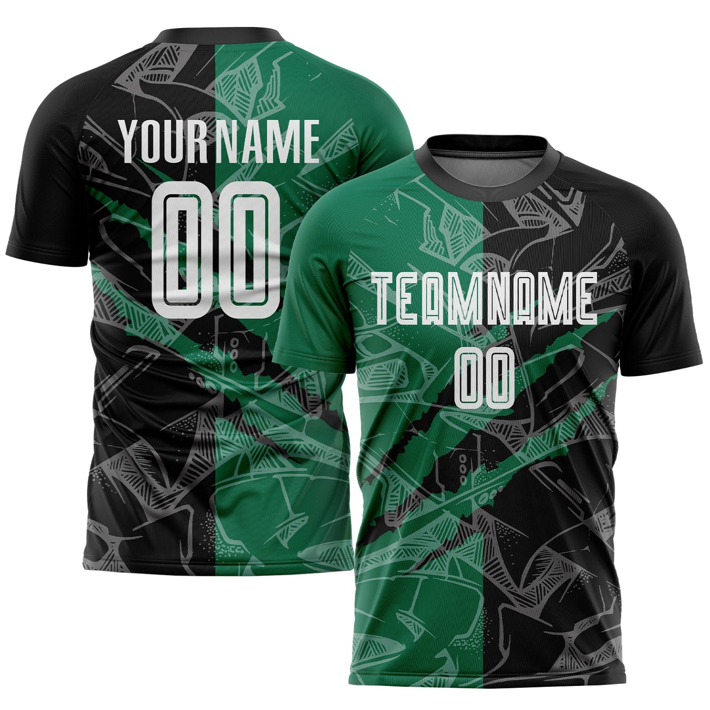 Custom Graffiti Pattern Black-Kelly Green Scratch Sublimation Soccer Uniform Jersey - Main View