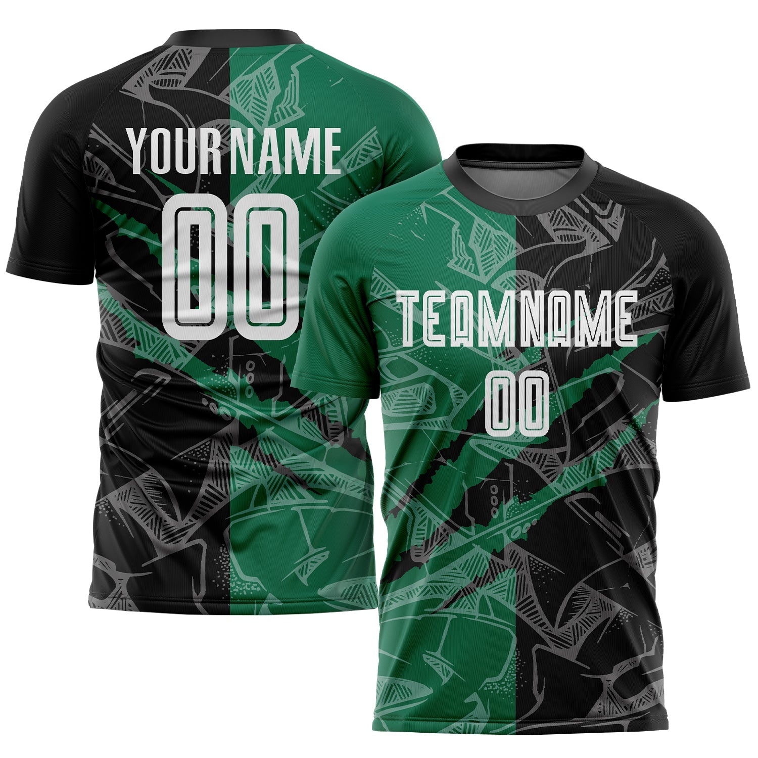 Custom Graffiti Pattern Black-Kelly Green Scratch Sublimation Soccer Uniform Jersey - Main View
