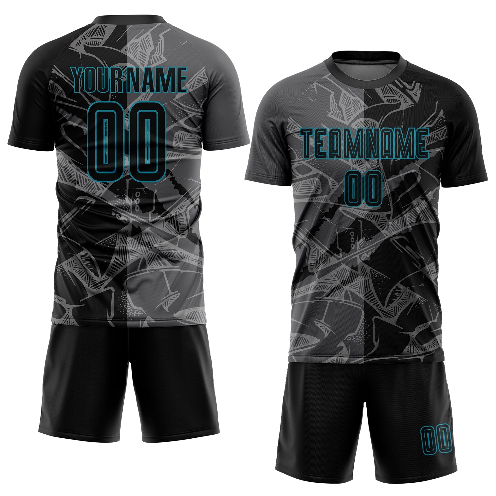 Custom Graffiti Pattern Black Steel Gray-Teal Scratch Sublimation Soccer Uniform Jersey view 2
