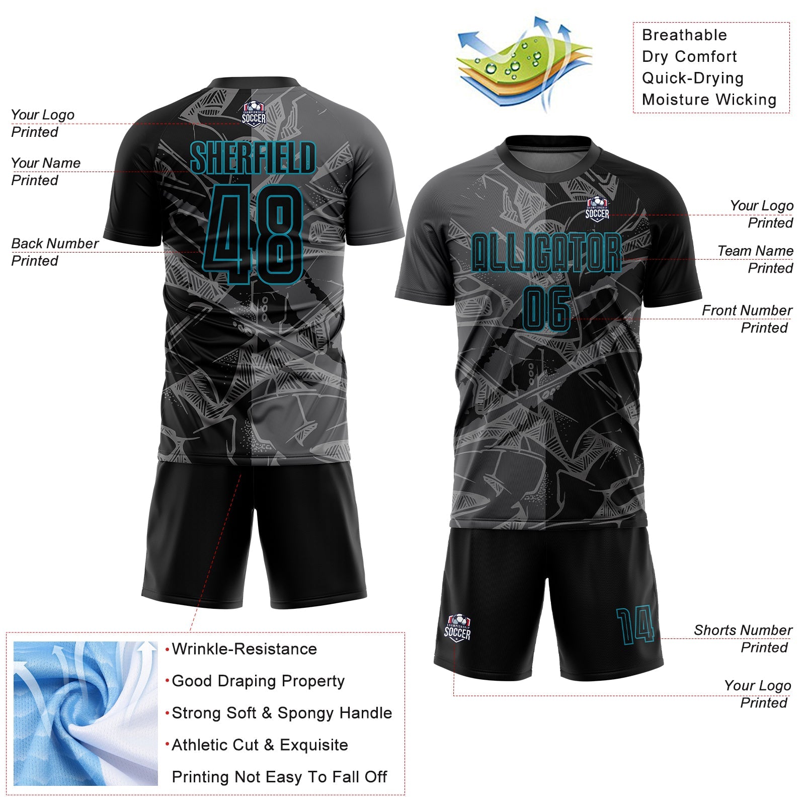 Custom Graffiti Pattern Black Steel Gray-Teal Scratch Sublimation Soccer Uniform Jersey view 4