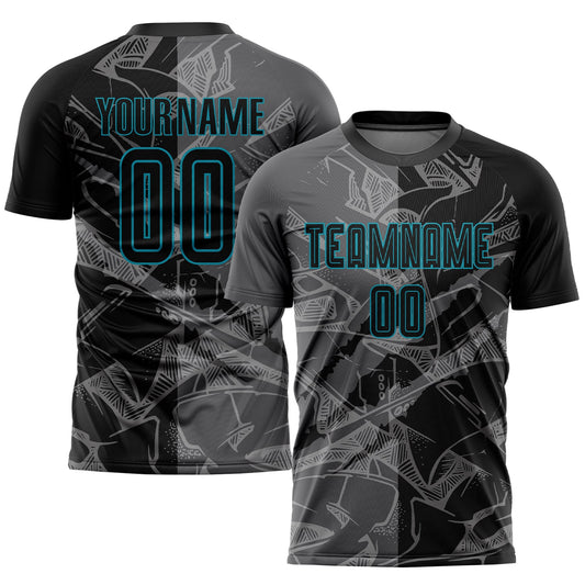 Custom Graffiti Pattern Black Steel Gray-Teal Scratch Sublimation Soccer Uniform Jersey - Main View