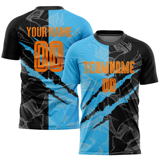 Custom Graffiti Pattern Bay Orange Black-Sky Blue Scratch Sublimation Soccer Uniform Jersey - Main View