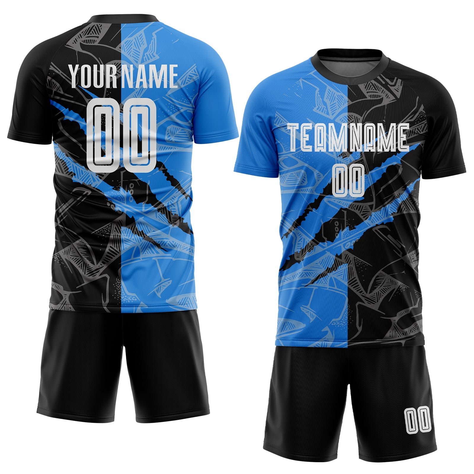 Custom Graffiti Pattern Black-Powder Blue Scratch Sublimation Soccer Uniform Jersey view 2