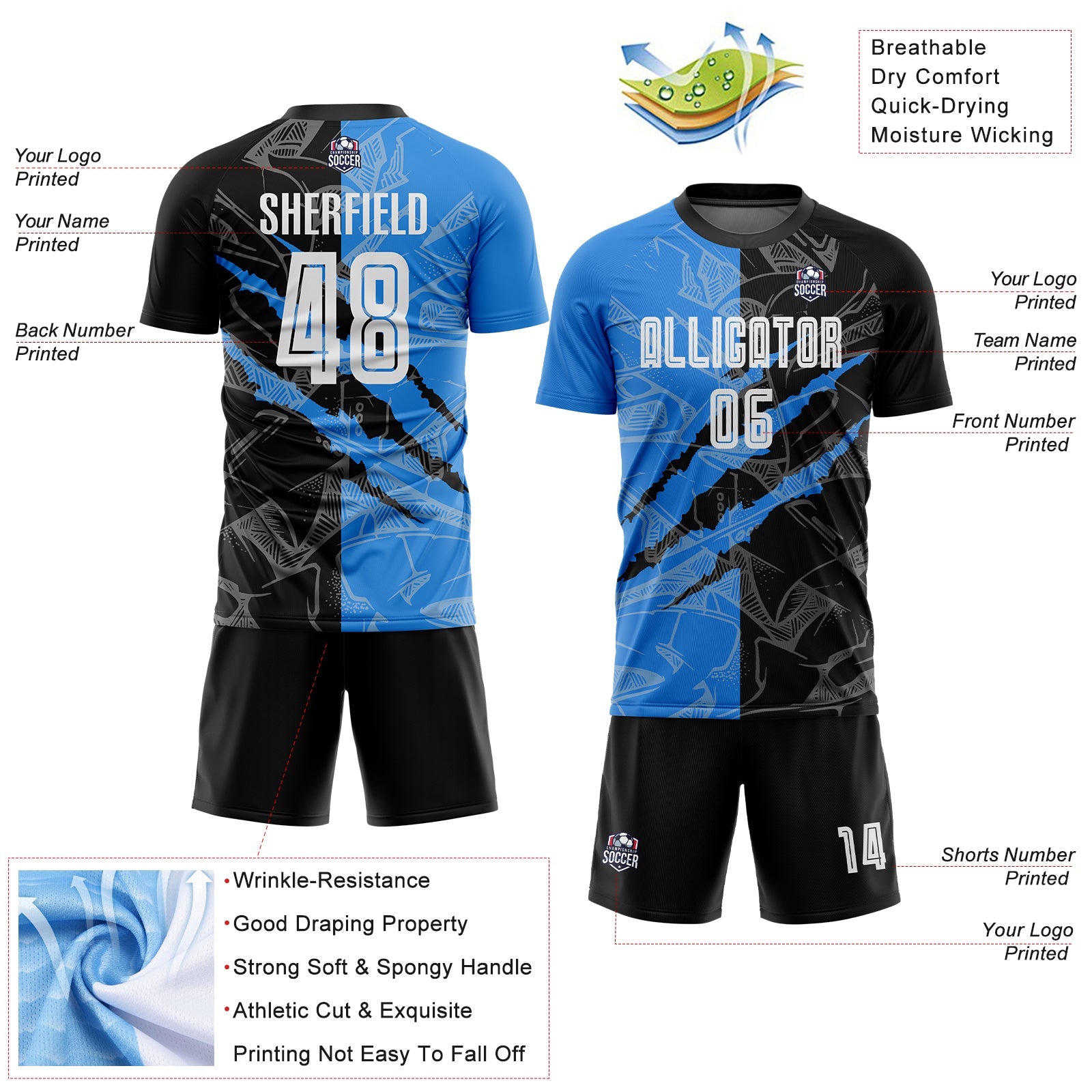 Custom Graffiti Pattern Black-Powder Blue Scratch Sublimation Soccer Uniform Jersey view 4