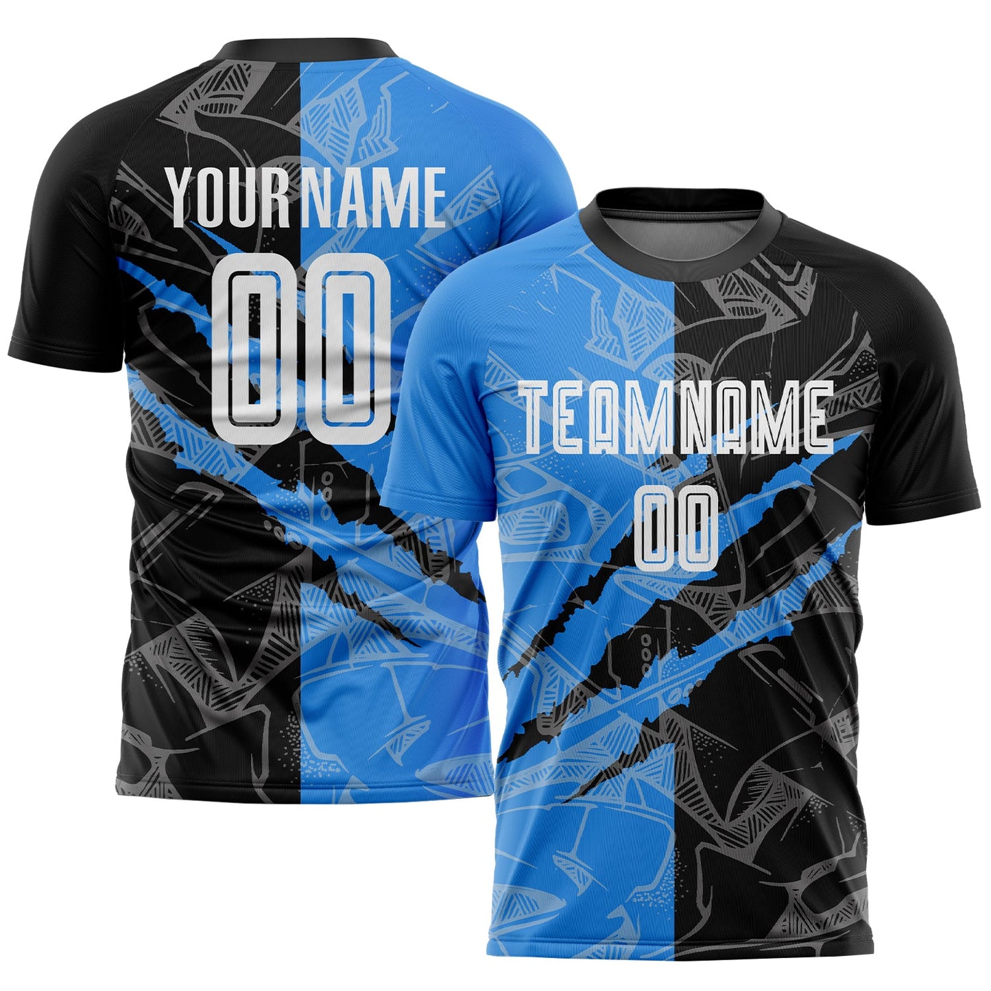 Custom Graffiti Pattern Black-Powder Blue Scratch Sublimation Soccer Uniform Jersey - Main View