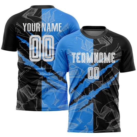 Custom Graffiti Pattern Black-Powder Blue Scratch Sublimation Soccer Uniform Jersey - Main View