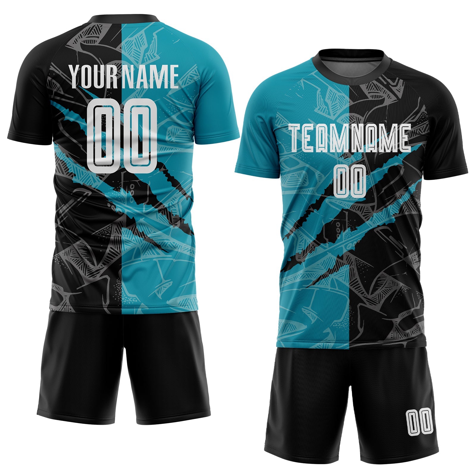 Custom Graffiti Pattern Black-Teal Scratch Sublimation Soccer Uniform Jersey view 2