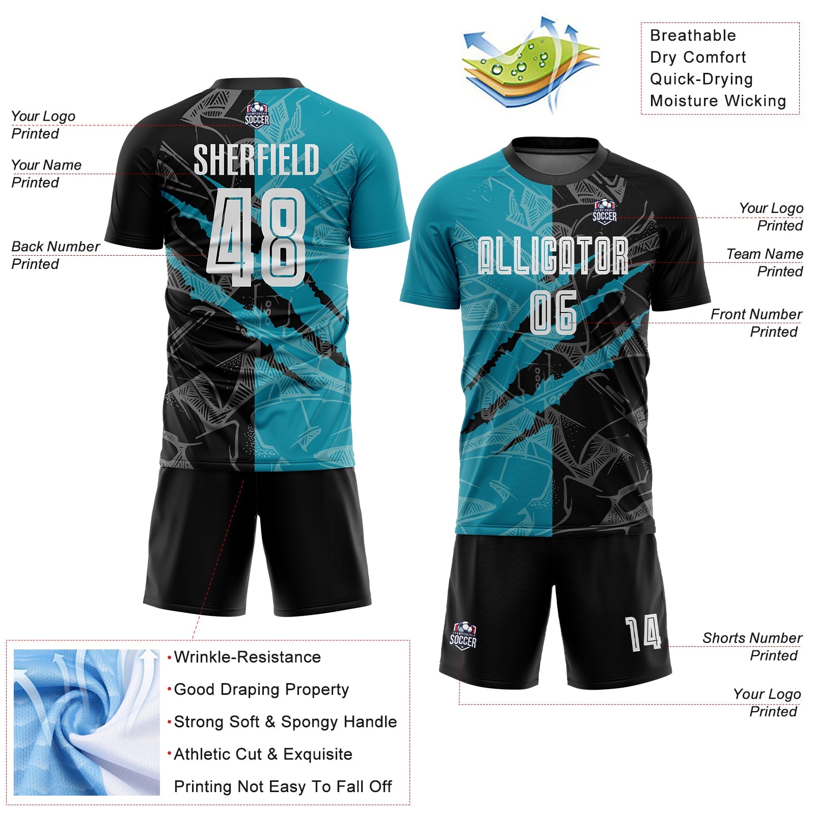 Custom Graffiti Pattern Black-Teal Scratch Sublimation Soccer Uniform Jersey view 4