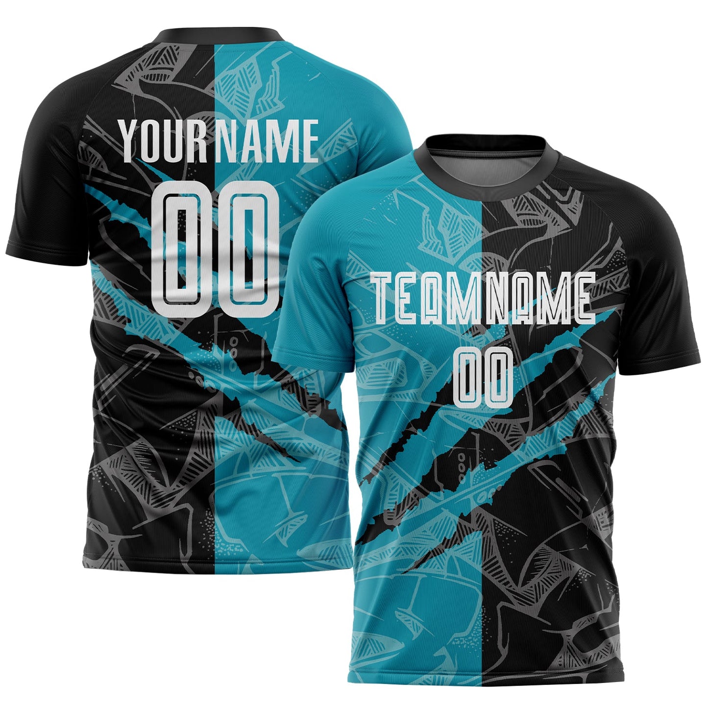 Custom Graffiti Pattern Black-Teal Scratch Sublimation Soccer Uniform Jersey - Main View