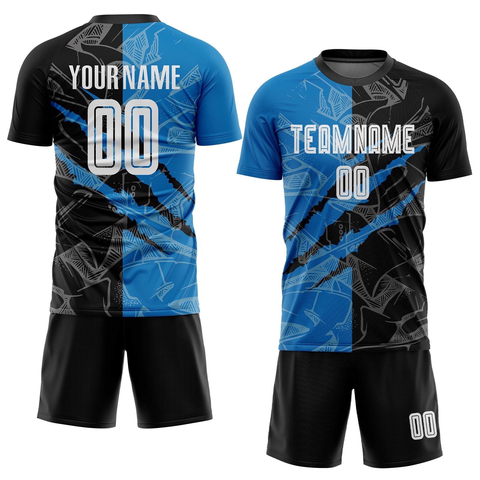 Custom Graffiti Pattern Black-Blue Scratch Sublimation Soccer Uniform Jersey view 2