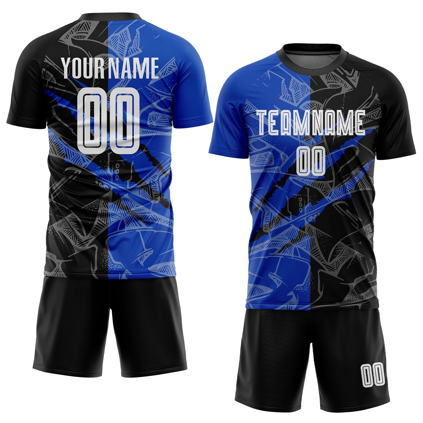 Custom Graffiti Pattern Black-Thunder Blue Scratch Sublimation Soccer Uniform Jersey view 2