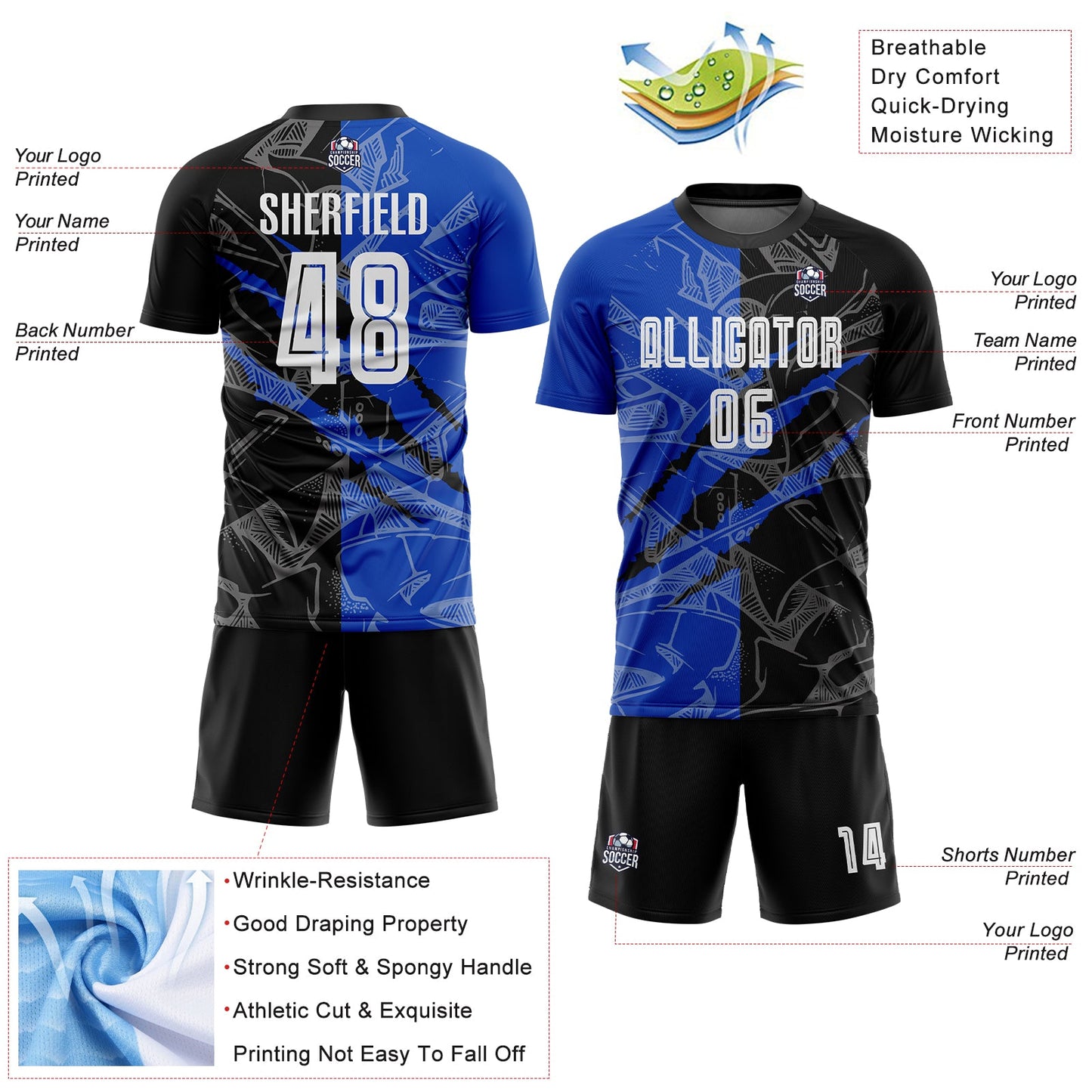 Custom Graffiti Pattern Black-Thunder Blue Scratch Sublimation Soccer Uniform Jersey view 4