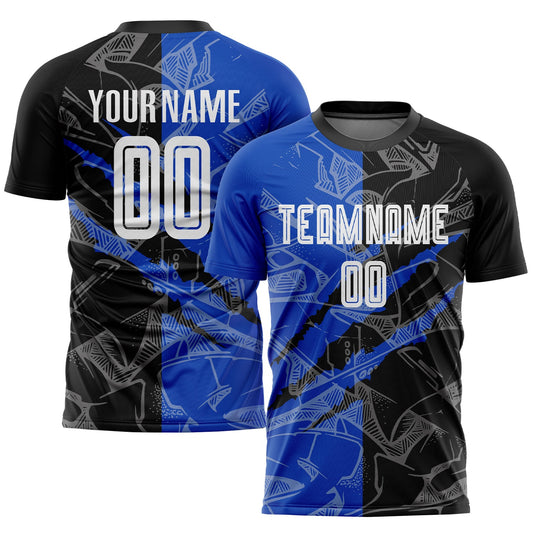 Custom Graffiti Pattern Black-Thunder Blue Scratch Sublimation Soccer Uniform Jersey - Main View